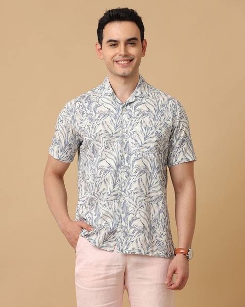 Men's Blue Printed Half Sleeve Casual Shirt (Size-S) (Color-WHITE)