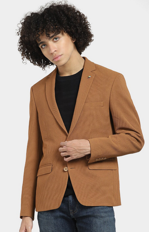 Men's Self Design Slim Fit Single-Breasted Casual Blazer (Color Brown)