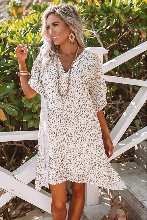 White Loose Fit V Neck Leopard Print Shift Mini Dress