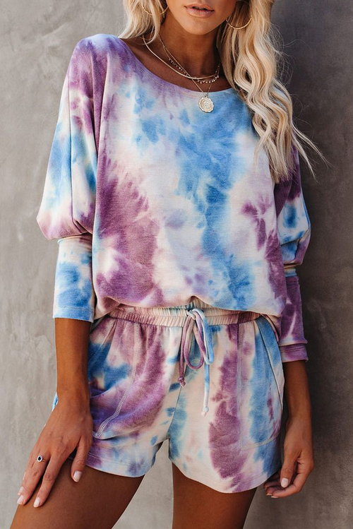 Purple Bat Sleeve Tie-dye Knit Drawstring Lounge Set