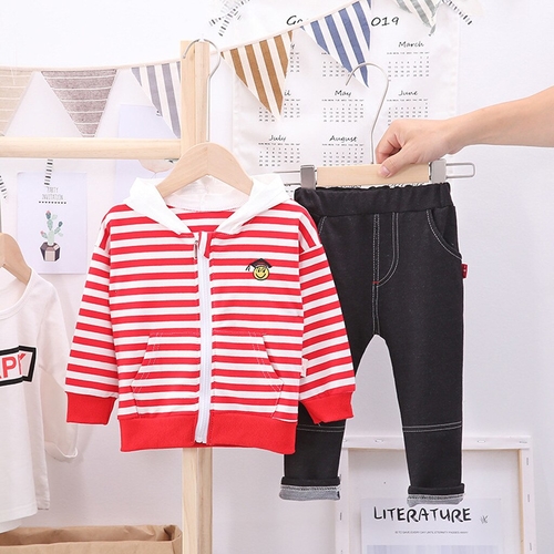 Hooded Striped Long Sleeve Pocket Zip Cardigan set