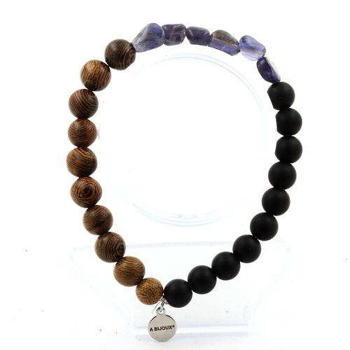 Cordierite Iolite + Matte black Onyx + wood Bracelet 8 mm Beads.
