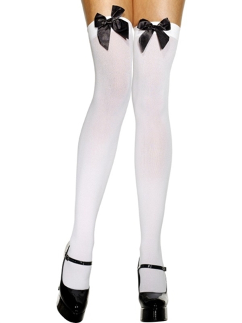 Thigh High Stockings With Black Bow - White
