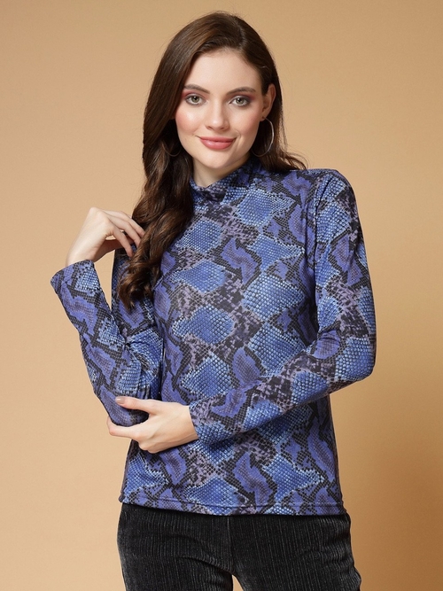 Women Printed High Neck Casual Top (Color Blue) (Size L)