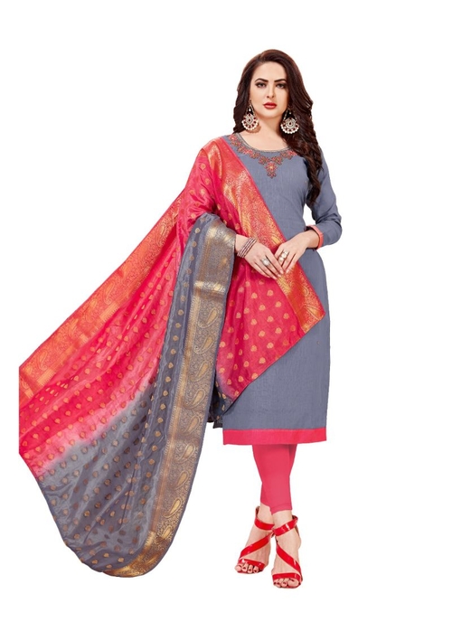 Generic Women's Slub Cotton Salwar Material (Grey,