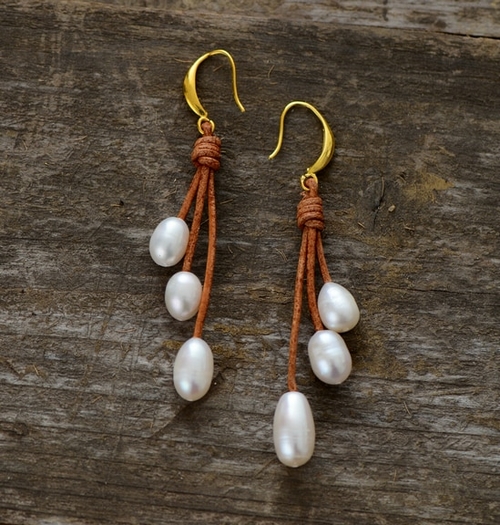 Pearl Earrings Natural Freshwater Pearls Leather