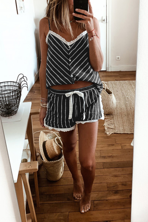 Black Stripes Frill Trim Cami Pajamas Set