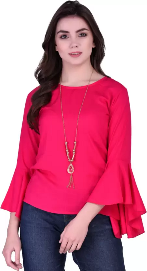 Casual Bell Sleeves Solid Women TOP (Size-S) PINK)