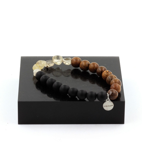 Golden Rutilated Quartz + Matte Black Onyx + wood Bracelet 8 mm Beads.