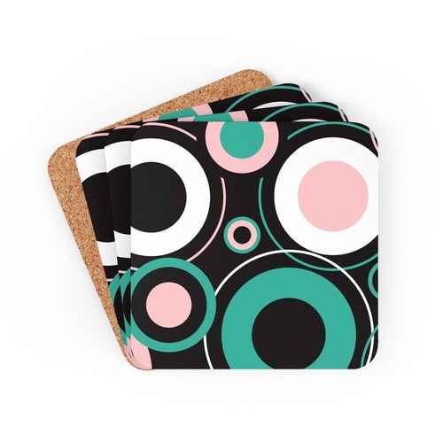 Corkwood Coaster Set - 4 Pieces / Black and Green Circular