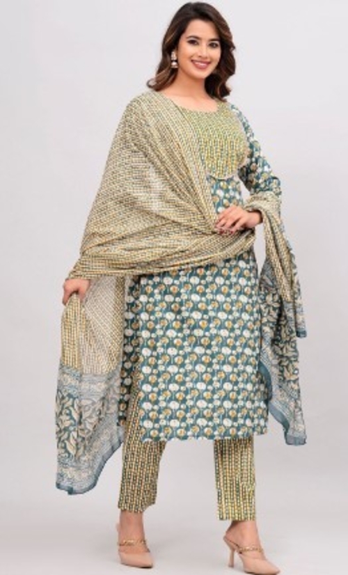 Ethnic Motifs Printed Pure Cotton Kurta with Trousers & Dupatta