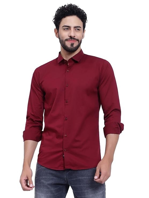 Solid Regular Fit Cotton Casual Shirt with Spread Collar & Full