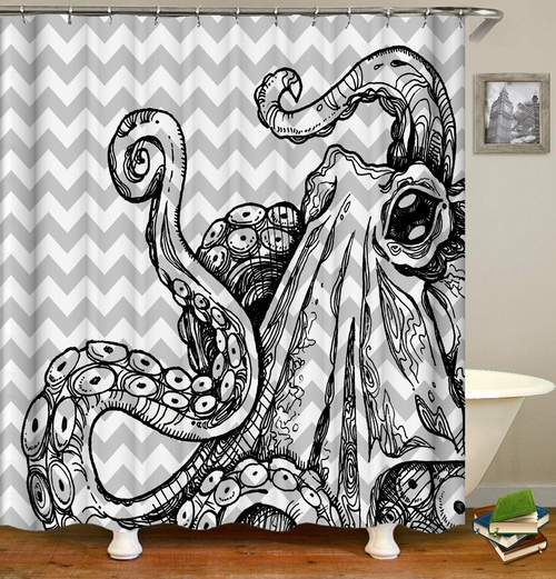 Black N' White Octopus Drawing Shower Curtain