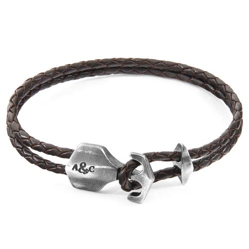 Dark Brown Delta Anchor Silver & Braided Leather Bracelet
