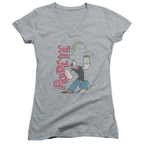 Popeye-Spinach Power Junior V-Neck Tee, Heather - Small