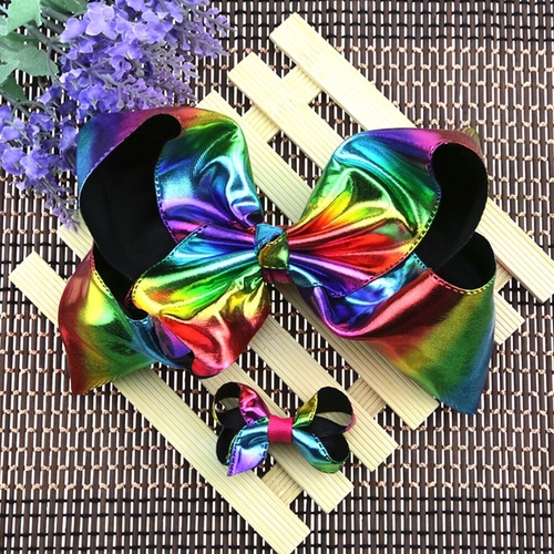 Large Rainbow Reversible Leather Hair Bow Queen