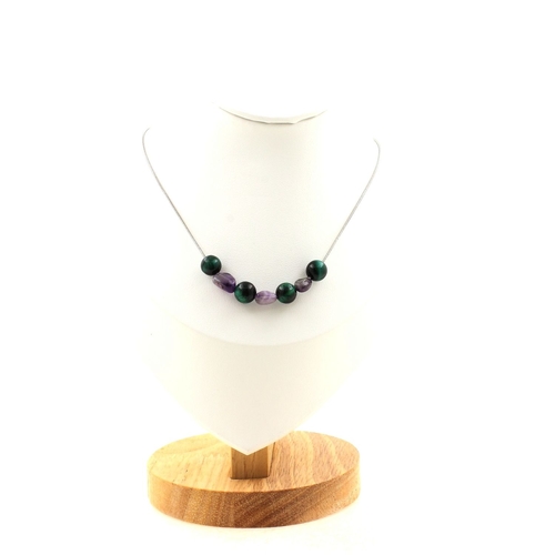 Amethyst + green Tiger's Eye 8 mm 7 beads necklace.