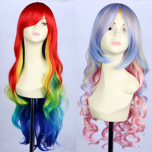 Anime Long Wavy Rainbow Party Wig With Bangs