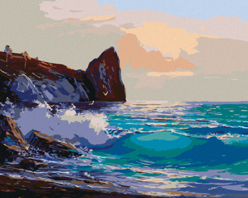 Paint by Numbers - BEACH WITH WAVES CRASHING INTO ROCKS