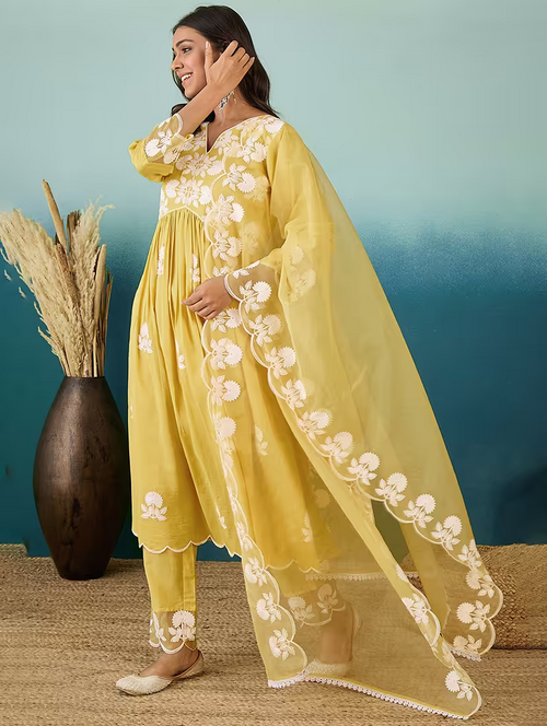 Women'S Kurta Pant Set With Dupatta (Size-S) (Color-Yellow)