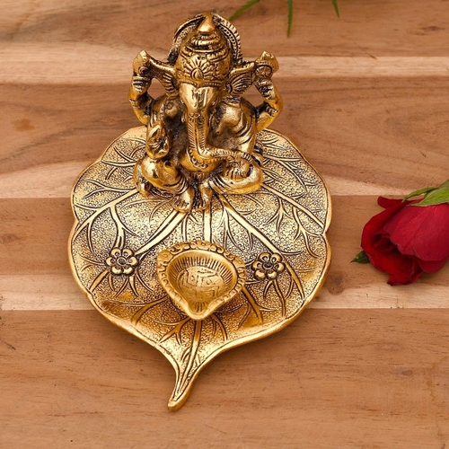 Ganesh with Diya Idol, Medium, Gold, Paper