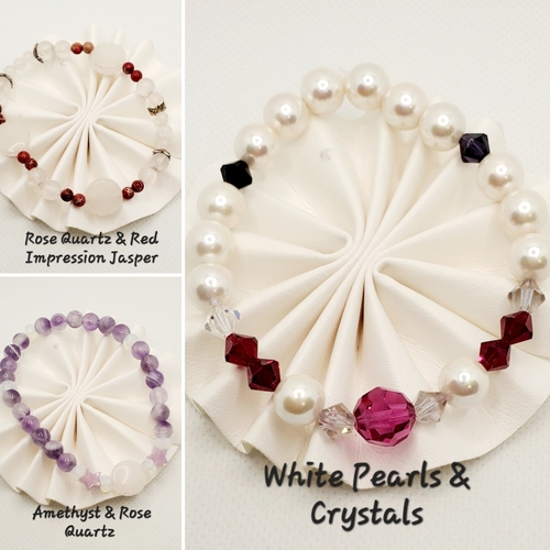 Saltwater Pearl with Crystal Beaded, Gemstone Beaded Stretch Bracelets