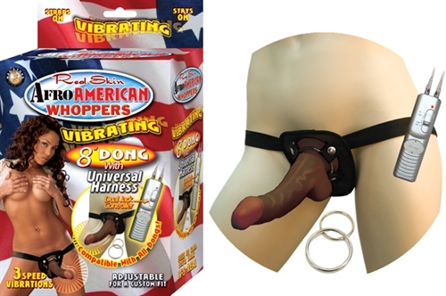 Afro American Whoppers Vibrating 8-Inch Dong With Universal Harness -
