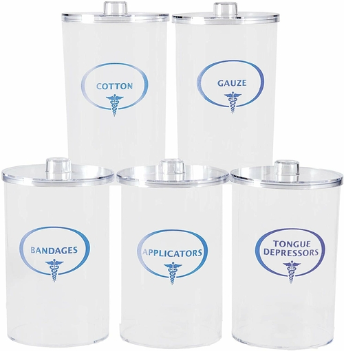 Dukal Pack of 5 Plastic Sundry Jars 6 1/2” x 4”. Opaque Blue Imprint