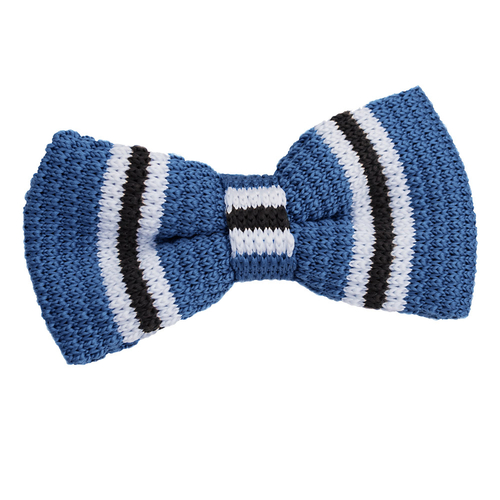 Knitted 3 Thin Stripe Bow Tie - Knitted Blue with Black & White Thin