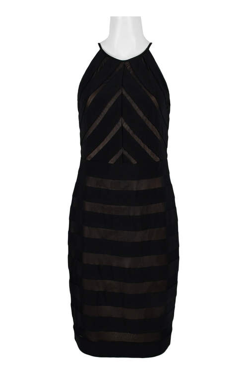 Adrianna Papell Halter Neck Zipper Back Banded Jersey Mesh Dress