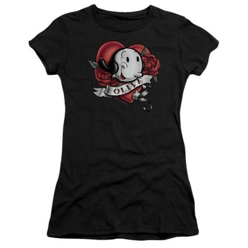 Trevco Popeye-Olive Tattoo Short Sleeve Junior Sheer Tee, Black - 