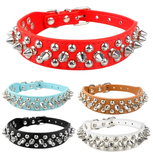 Leather Dog Cat Collar 1 Row Spiked Studded Puppy