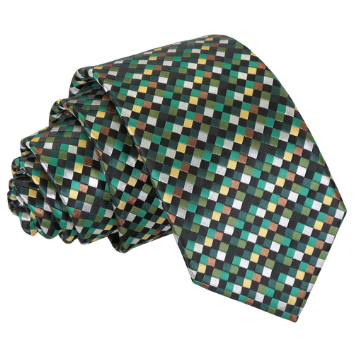 Chequered Geometric Slim Tie - Green with Gold, Silver and Bronze