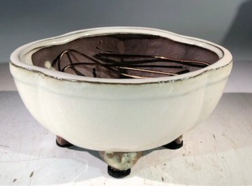 Beige Ceramic Bonsai Pot - Lotus Shaped Professional Series 6" x 4" x