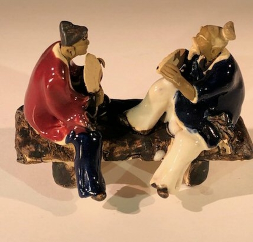 Ceramic FigurineTwo Men Sitting On A Bench With Fans- 3"Color: Blue &