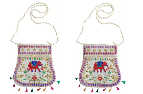 White Women Sling Bag Handcrafted Matka Elephant Cotton Pack of 2