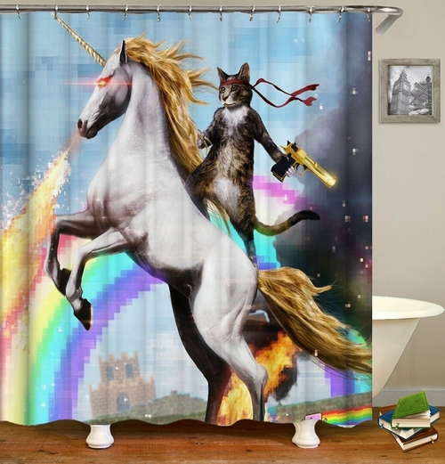 Cat Riding A Unicorn Shower Curtain