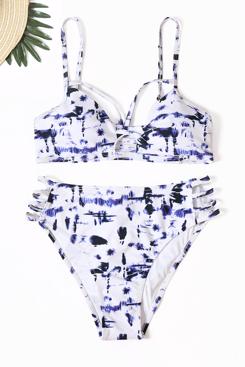 Blue Tie Dye Print Strappy Hollow-out Bikini