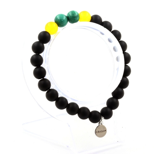 Malachite + Yellow Agate + Matte Black Onyx Bracelet 8 mm Beads.