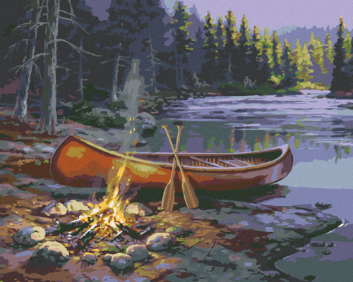 Zuty - Paint by Numbers - RED CANOE BY THE LAKE AND A CAMPFIRE