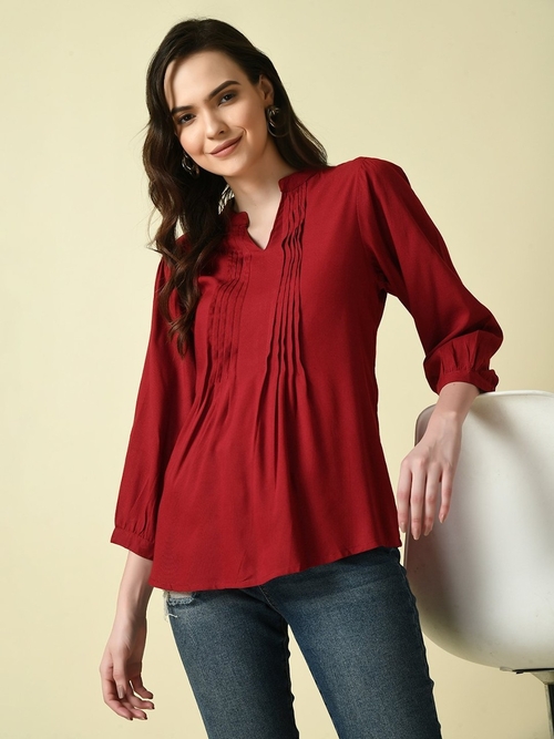 Women Mandarin Neck Rayon Top (Color Maroon) (Size M)