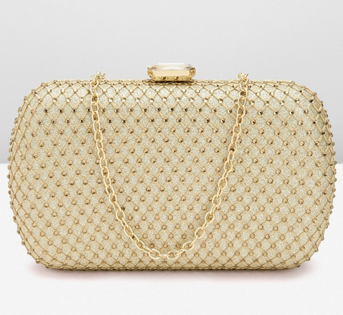 Women Gold Embellished Box Clutch with Glittery Effect