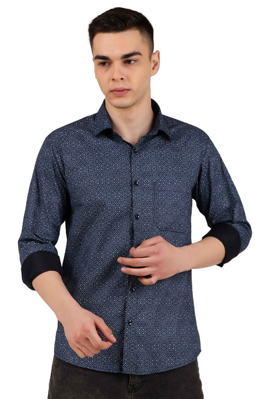 Men Classic Spread Collar Abstract Printed Cotton Slim Fit Formal