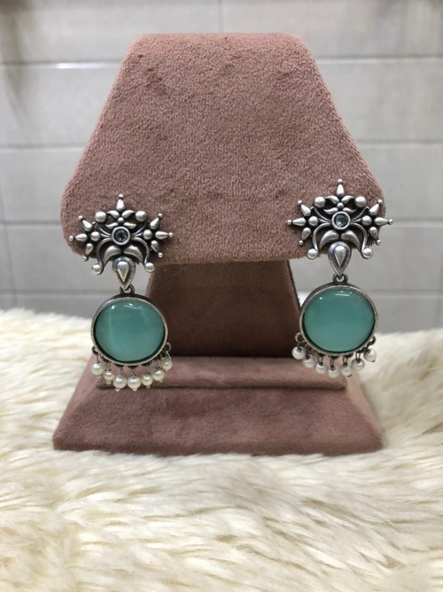 Blue Beautiful Unique Design Oxidise Silver Oversized Stud Earring for