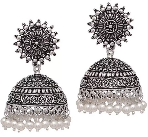 German Silver Oxidized Jhumki Afghani Jhumka Pearl Drop Earrings Pearl