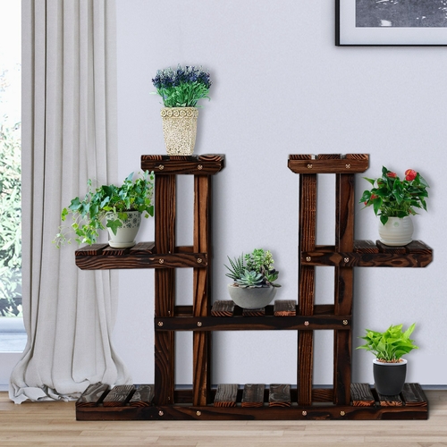 Outsunny Carbonized Wooden Tower Plant Stand Flower Rack Outdoor