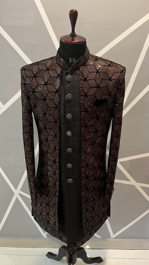 Brown Shrug styled hand embroidered silk indo-western sherwani with