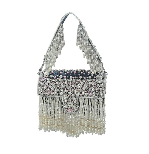 Handmade Beaded Top-Handle Women/Girl's Crystal Clutch Black mdf Potli