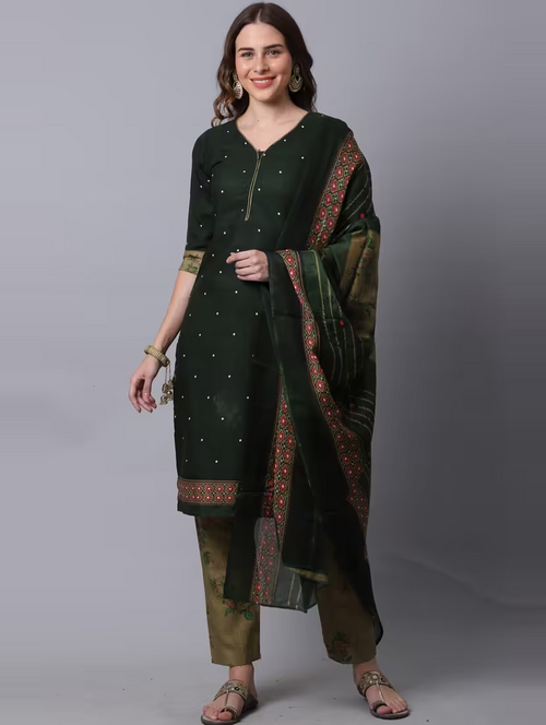 Women V- Neck Printed Suit Set (Size-M) (Color-Dark Green)