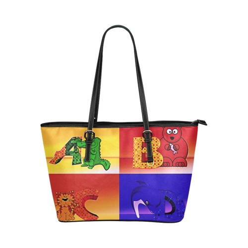 Large Leather Tote Shoulder Bag - Abcd Multicolor Illustration